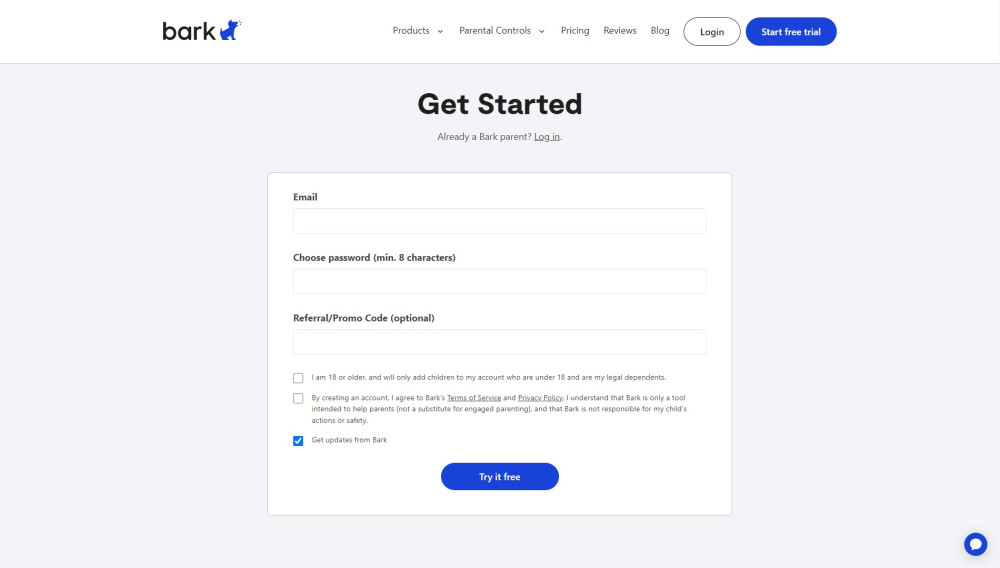 Signing up for a Bark account